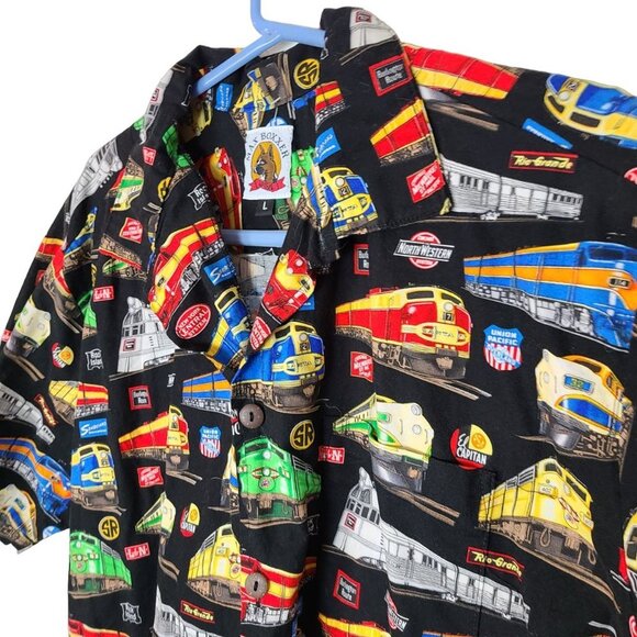 Max Boxxer Mens L Black Train Print Short Sleeves Cotton Button Up Shirt Pocket - Picture 5 of 8